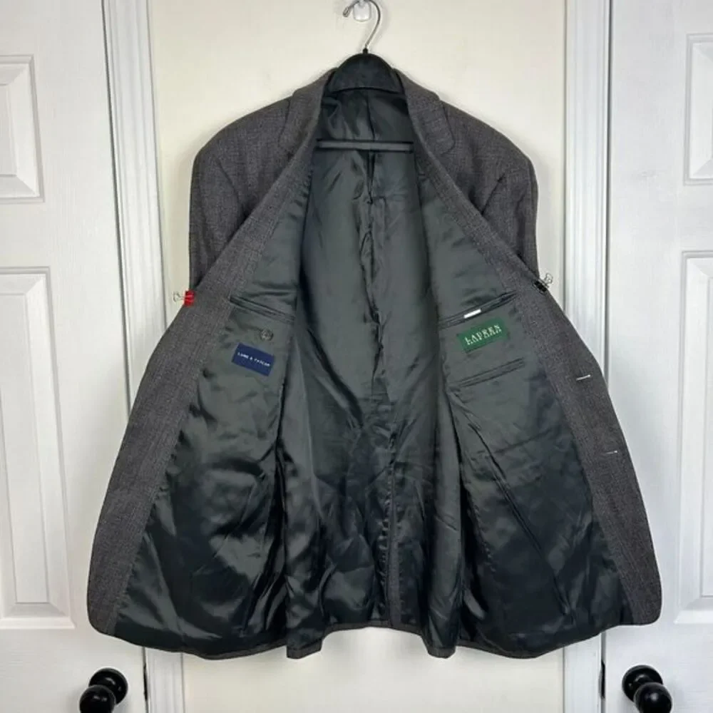Ralph Lauren 44L Long‎ 100% Lambswool Gray Houndstooth Sport Coat Blazer Jacket